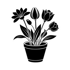 Tulip flower in a pot silhouettes