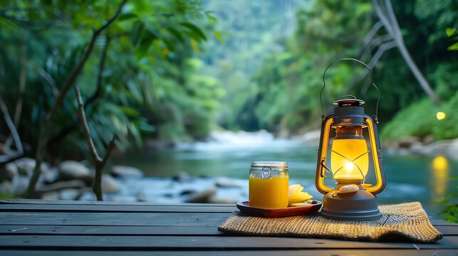 A serene riverside scene featuring a lantern, jar, and natural beauty, perfect for relaxation and outdoor inspiration.