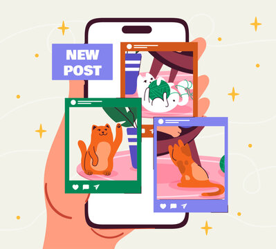 Posts with cats. Character holds smartphone with photos of cats. Interesting content for social networks. Pictures of domestic animals. Flat vector illustration isolated on white background