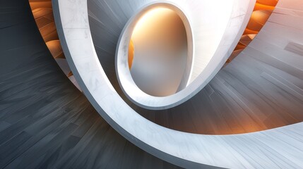 Abstract spiral staircase with a glowing oval opening, viewed from below. Architectural design and modern construction.