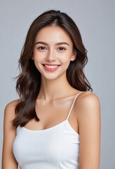 Portrait of young beautiful model stand on and smiling to the camera