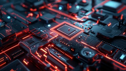 Fototapeta premium Close-up of a glowing red circuit board with a central processor. The image is perfect for technology, innovation, and future concepts.