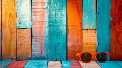 Colorful wooden background with sunglasses. Perfect for summer, vacation, or travel themed designs.