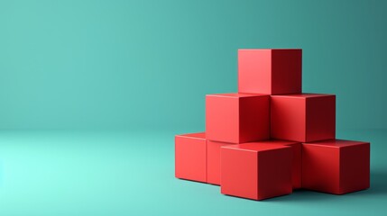 Red cubes stacked in a pyramid shape on a teal background. Minimalist geometric design.