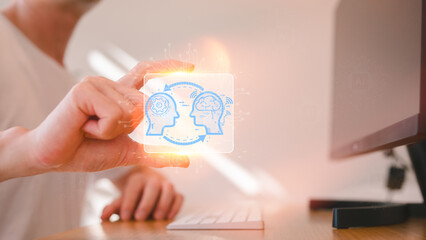 Ai Technology concept businessman using computer and holding virtual icon of ai tech