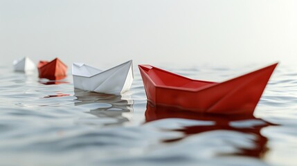 Red and white paper boats float on calm water, symbolizing leadership and individuality.
