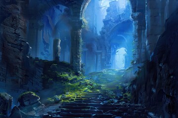Ancient moss covered ruins of a forgotten temple bathed in blue light