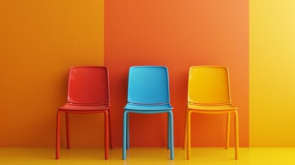 Obraz premium Three colorful chairs against a vibrant orange and yellow wall.