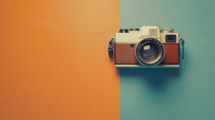 Vintage camera on a split orange and blue background.
