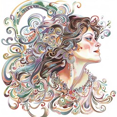 Watercolor painting of an Art Nouveau-style woman with flowing hair and intricate jewelry, on isolated white background, Generative AI