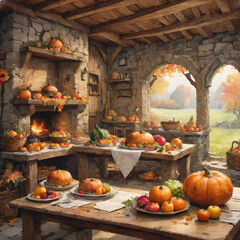 Watercolor painting of Autumn Harvest Feast in a Rustic Stone Cottage.