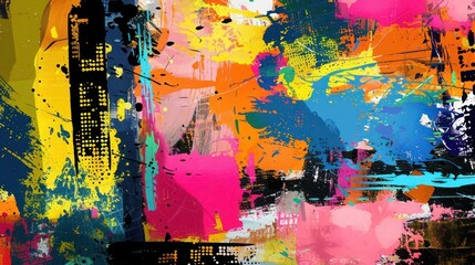 Naklejka premium Abstract Background, a lively composition of mixed media with contrast and pop, featuring bright patterns and bold textures in vibrant hues