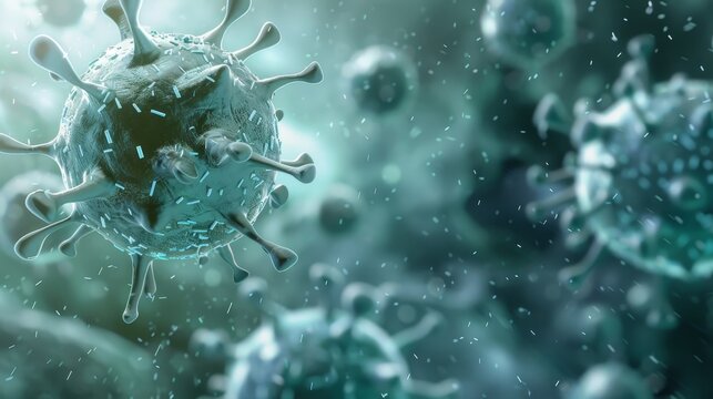 A microscopic view of a virus, a spherical particle with spikes, floating in a blue-green background.
