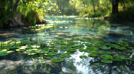 Fototapeta premium A serene freshwater spring with lily pads and lush foliage. Sunlight filters through the trees, creating a peaceful atmosphere.