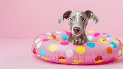 Adorable dog in a colorful inflatable pool ring against a pink background, perfect for summer-themed projects.