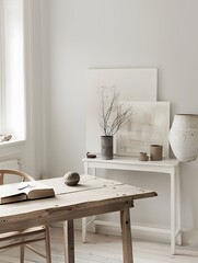 Illustration of "A Scandinavian-inspired minimalist workspace with a light wooden table, a single piece of modern art on the wall, and a few carefully selected, functional accessories in a bright, air