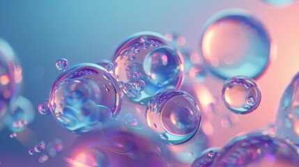 Abstract iridescent bubbles floating in a gradient blue and pink background.