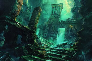 Obraz premium Ancient ruins of a forgotten underwater city overgrown with mysterious glowing flora