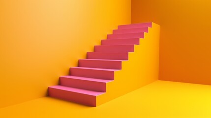 Fototapeta premium Pink stairs leading up in a bright yellow room. Minimalist design.