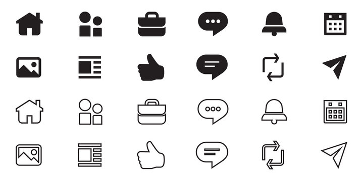 LinkedIn icon set. social media icons home, my network, jobs, message, event, like, comment, send, etc...Linkedin Ui app interface icon. Linkedin all design elements vector.