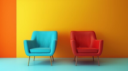 Two colorful armchairs in a minimalist room with a yellow and orange wall.