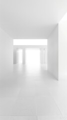 Minimalist White Room with Bright Light at the End of a Corridor