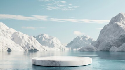 Icy platform with glacier background for product showcasing.
