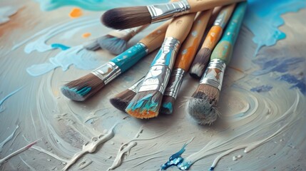 Obraz premium Group paintbrushes lying top abstract painting painting is Selec