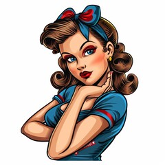 A woman with a red bow in her hair and a blue shirt