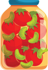 Glass jar preserving fresh organic tomatoes and pickles, showcasing the vibrant colors of homemade goodness