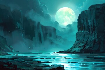 Mystical moonlit lake between towering cliffs