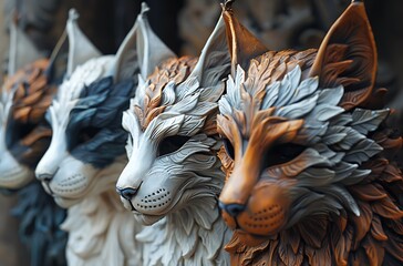 a group of cats statues.