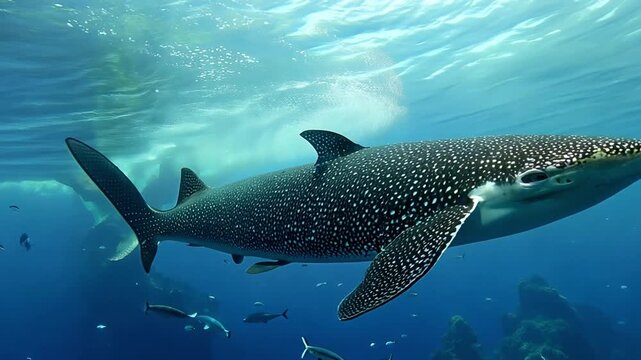 An awe-inspiring view of a giant whale shark swimming peacefully in the deep blue sea, surrounded by tiny fish and the vast expanse of the ocean