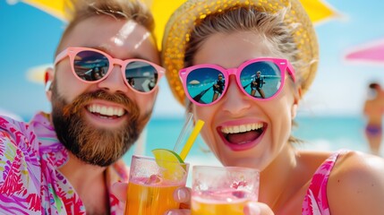Joyful couple enjoying tropical drinks at the beach, celebrating summer vibes with sunglasses and colorful attire.