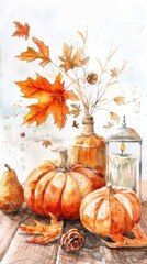 Naklejka premium A watercolor painting depicts a still life arrangement of pumpkins, autumn leaves, a pear, a lit candle in a lantern, and a glass bottle filled with fall foliage. The objects are arranged on a wooden 