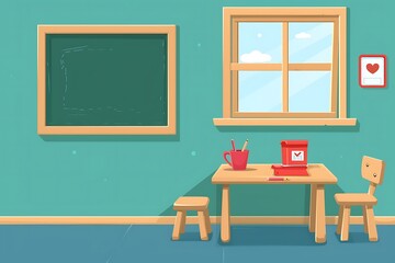 Interior of classroom with desk and blackboard.