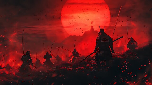 Group of samurai warriors charge into battle with silhouettes under blood red moon for portraying strength honor intensity and tradition against dark fiery sky in ancient combat concept.