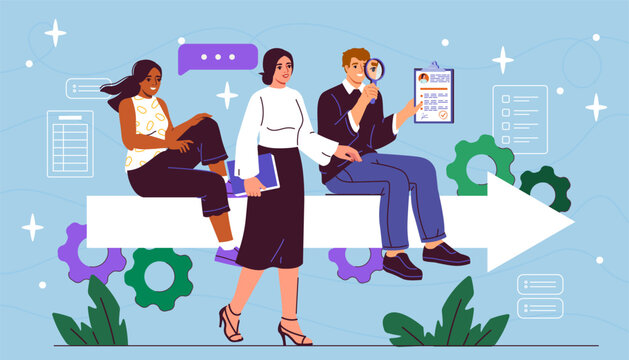 Shared responsibility concept. Collaboration and cooperation, partnership, teamwork. Man and women working on common project and start up. Flat vector illustration isolated on blue background