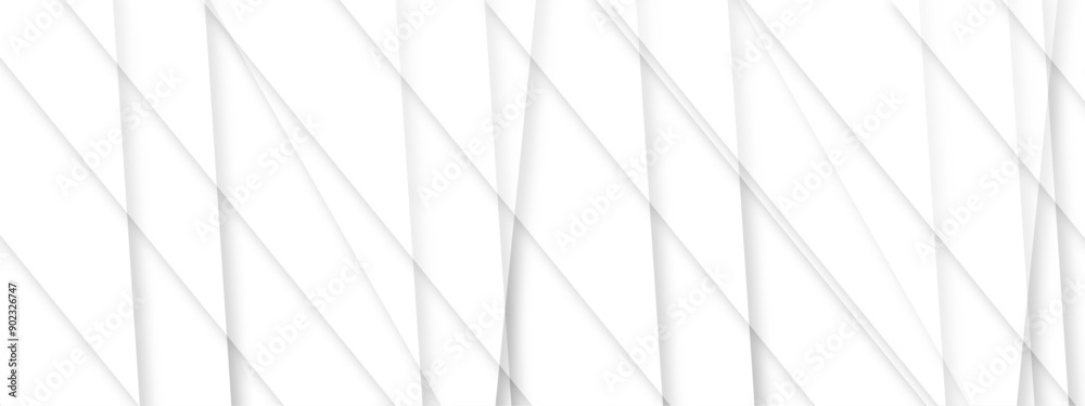 Poster Abstract white background, white elements in blank space with paper cut style design. Design with white transparent material in triangle and squares shapes.
