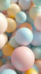 Floating pastel colored spheres Abstract scene of floating pastel colored spheres, creating a soft and dreamy visual effect with a light, airy ambiance