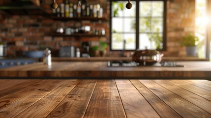 Cozy rustic kitchen with sunlight A cozy rustic kitchen with wooden countertops, warm lighting, and sunlight streaming through the window, creating a homely atmosphere