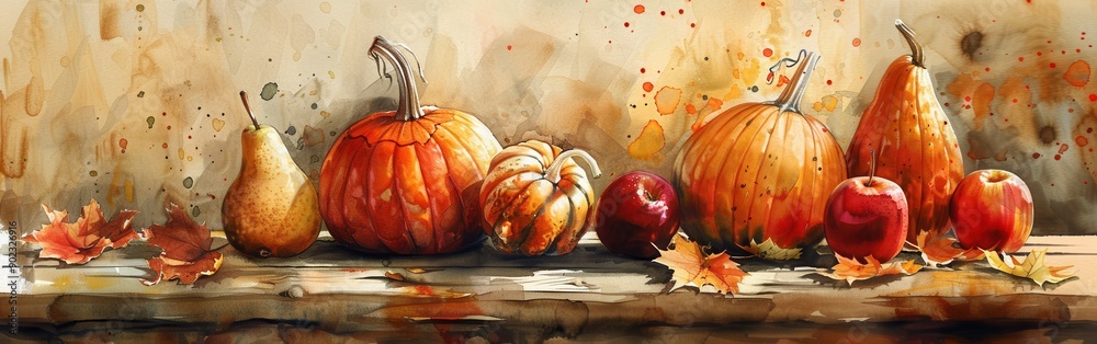 Poster a watercolor painting depicts a still life arrangement of fall fruits and vegetables on a wooden tab