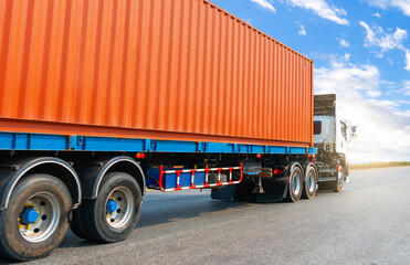 Semi Trailer Trucks Driving on The Road. Shipping Cargo Container, Economical Transportation...