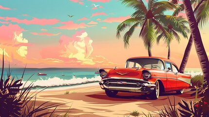 Classic vintage car parked on a sandy beach at sunset. Palm trees sway gently in the breeze, creating a tranquil and idyllic scene. reflecting the setting sun.