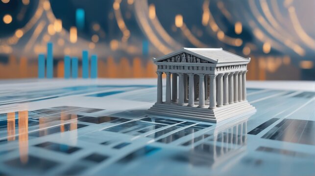Miniature model Greek temple top financial chart is bank model o