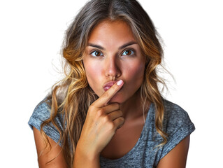 Naklejka premium woman with finger on lips isolated on white