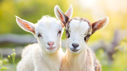 Obraz premium Two adorable baby goats frolicking happily in a lush green field on an idyllic summer day at the farm The cute fluffy kids are the picture of carefree joy and innocence