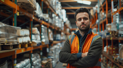 Obraz premium A portrait of an attractive man in his thirties, wearing work and safety vest with arms crossed while standing inside the warehouse where he works as manager.