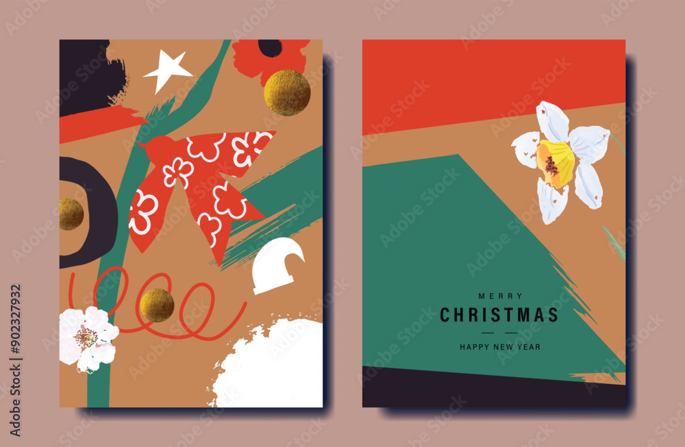 Wall mural Card Set of Merry Christmas and Happy New Year. Vector illustrations for background, greeting card, Happy Holidays, season's greeting