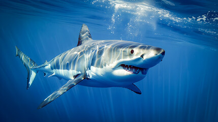 Fototapeta premium Majestic Great White Shark Swimming Gracefully in Pristine Blue Ocean Waters Powerful Predator Showcasing Its Domination of the Underwater Marine Ecosystem